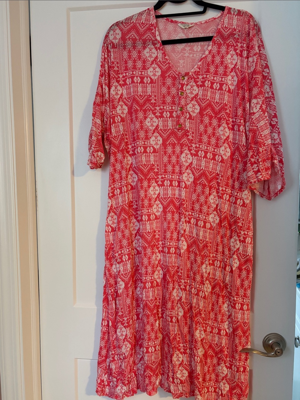 Pink Patterned Maxi Dress with V-Neck Detail